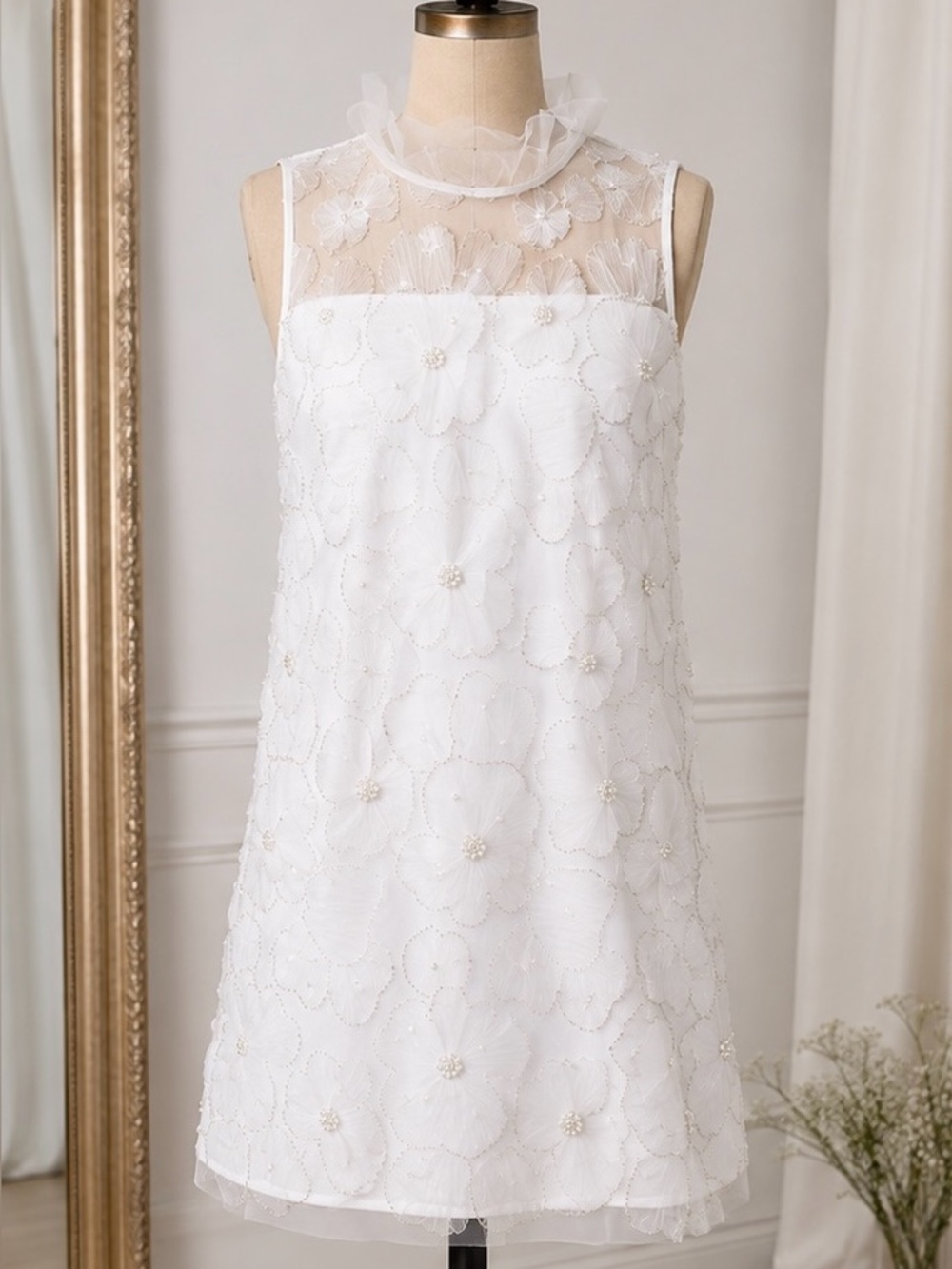 Self-Portrait White Sleeveless Floral Appliqué Shift Dress